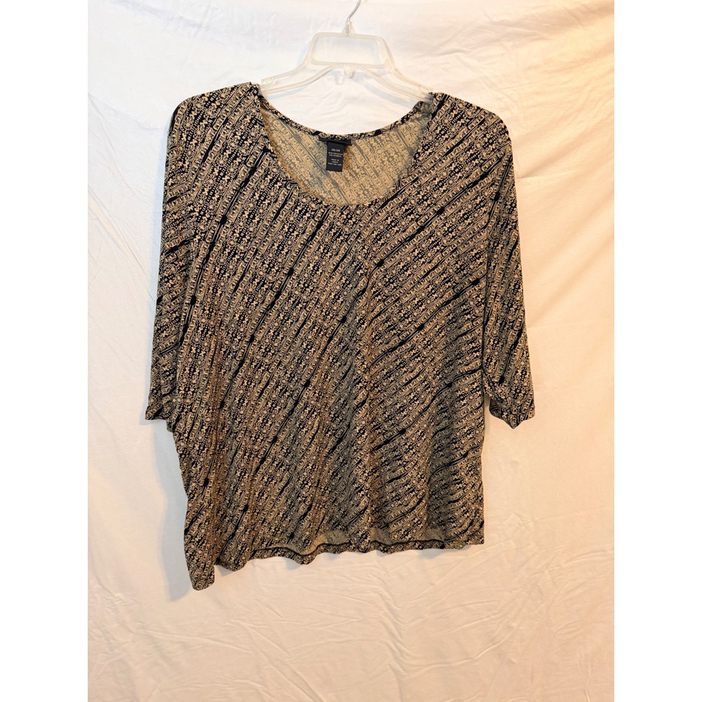 Lane Bryant Womens Plus 26/28 Black Tan Geometric Floral 3/4 Sleeve Scoop Top